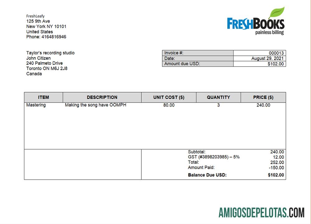 Fatura da empresa FreshBooks dos EUA exemplo